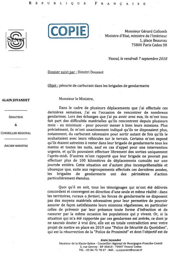 Courrier adressé à Gérard Collomb par Alain Joyandet, Pénurie de carburant dans les gendarmeries